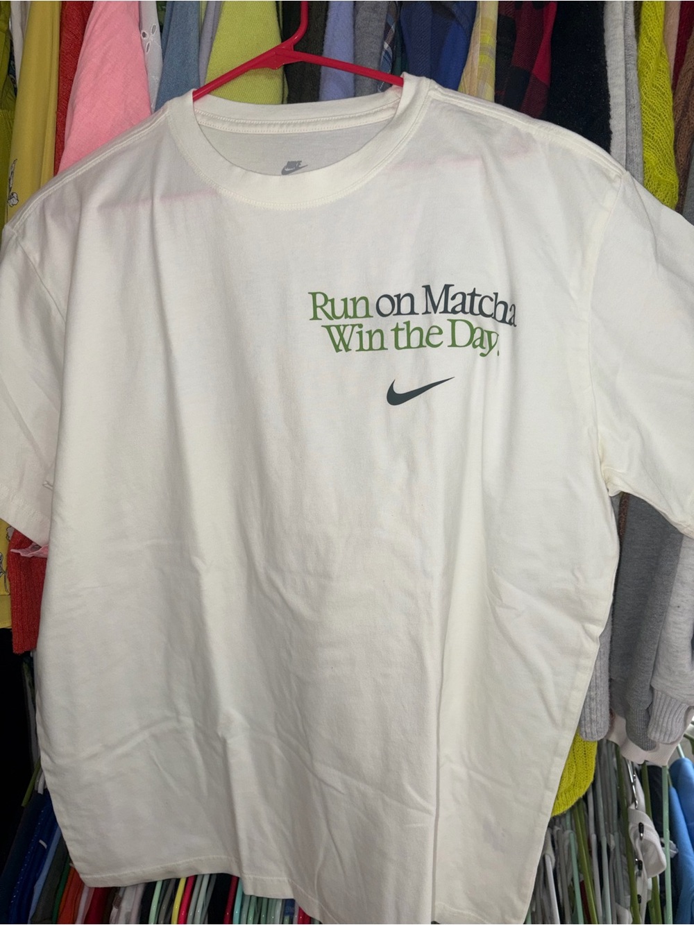 Nike Short Sleeve Graphic Tee with Green 'Run on Matcha' Text